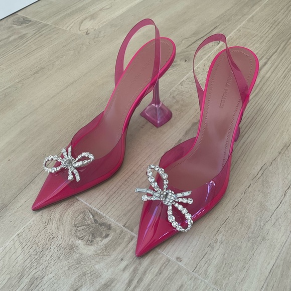 Amina Muaddi Pink Stiletto Heels with Rhinestone Bow - Picture 7 of 11